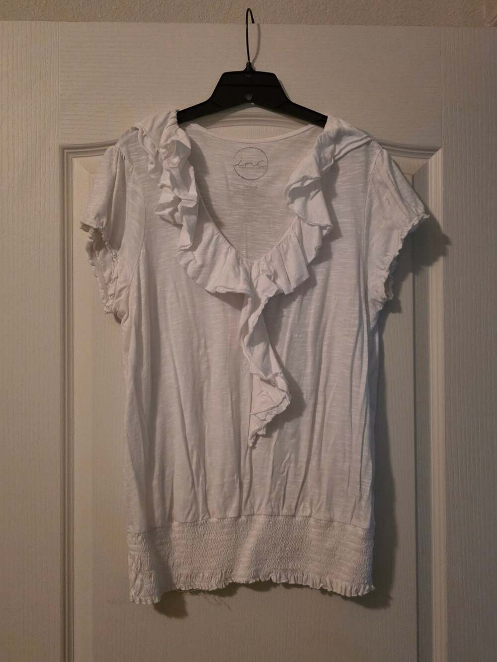 INC International Concepts White Ruffle Short Sleeve Smocked Hem Top Large